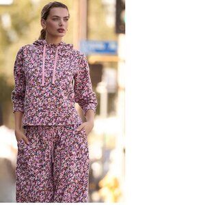 Anthropologie Daily Practice Drawstring Hooded Sweatshirt XS new pink floral